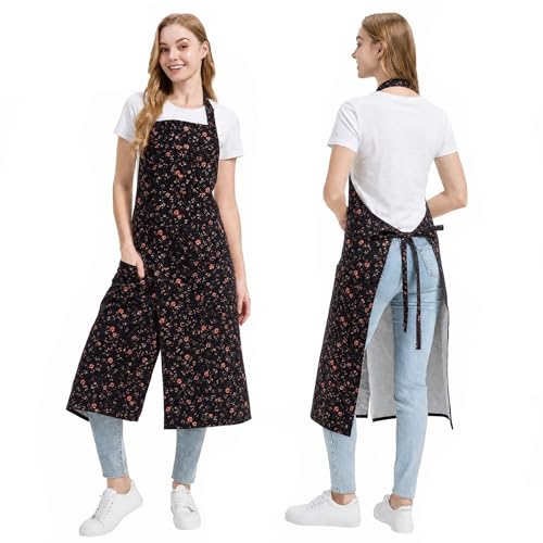 Molaxhome Split Pottery Apron with 3 Pockets Unisex with Adjustable Strap | Cotton Blend,Kitchen Apron,for Ceramics,Gardening,Kitchen Cooking - color: Blackflower