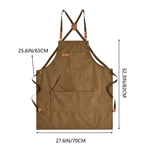 Aoomzoon Canvas Aprons for Men Chef Apron, Work Apron with Large Pockets - 16oz Heavy Duty Cross Back, BBQ, Cooking - color: Brown