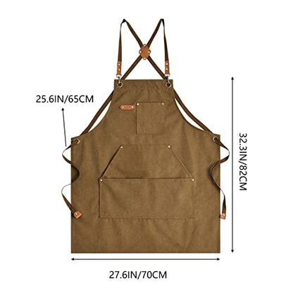 Aoomzoon Canvas Aprons for Men Chef Apron, Work Apron with Large Pockets - 16oz Heavy Duty Cross Back, BBQ, Cooking - color: Brown