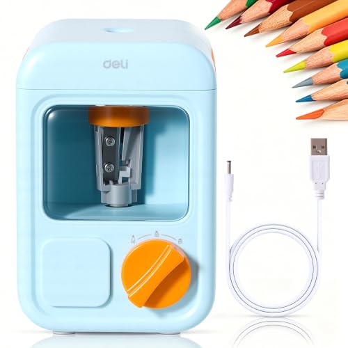 deli Electric Sharpener, Battery Powered, 3 Sizes for 6.5–8mm Pencil | Battery Electric Sharpener, 3 Tip Sizes, Fits 6.5-8mm Pencils. Anti-Slip, Big Bin, DIY Stickers for Kids - color: Blue