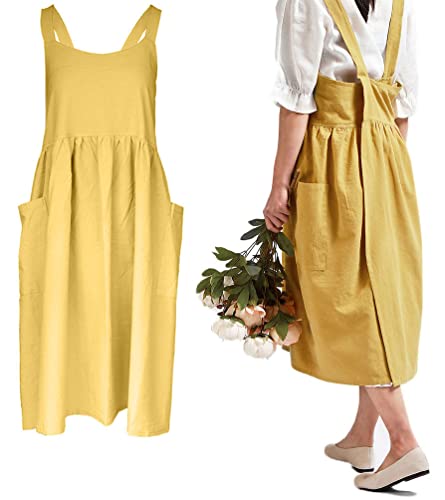 Women Girls Cross Back Apron Gardening Works Cotton Aprons Pinafore Dress - color: Yellow