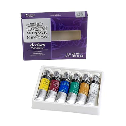 Winsor & Newton Artisan Water Mixable Oil Paint, Starter Set, 6 x 21ml | Clean with water; no solvents needed. Color depth, lightfastness, opacity/transparency are the same as traditional oils. - style: Starter Set 6 x 0.71-oz