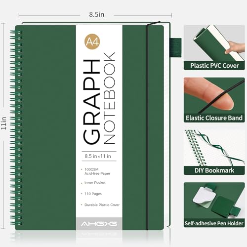 AHGXG Spiral Graph Paper Notebook, 110 Pages, A4 (8.5" x 11") | 100 gsm Thick Grid Paper, Waterproof Plastic Cover, for School Writing Engineering (Green) - color: Green, style: A4-Graph