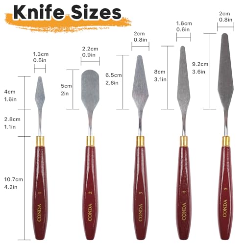 CONDA 5 Pcs Palette Knife Painting with 3 Plastic Scrapers, Stainless Steel Spatula Palette Knife Oil Paint Metal Knives Wood Handle