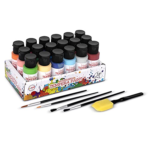 Washable Tempera Paints Set of 18 for children, Kids Non-Toxic Acrylic Paint, Kid Friendly, Kid Safe Paint Set, Includes Variety of Brushes, Color, Craft, Create and Party.