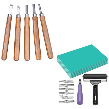 UCEC 5+7 Pack Linocut Wood Carving Tools & Linocut Block Printing Kit – Includes 5 Soft 4" x 6" Linoleum Blocks and Lino Cutting Tools with 6 Blades Universal Size, 4’’ Brayer Roller, Complete Rubber