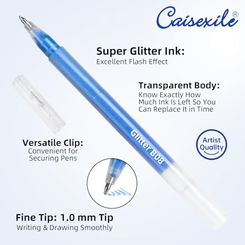 12 Blue Glitter Gel Pens Set, 1.0 mm Fine Point for Black Paper & White Paper, Large Capacity Pens for Journaling, Adult Coloring Books, Drawing, Note Taking, Highlighting - color: blue