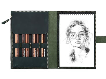 Fasjosma Leather Sketchbook Cover for A5/5.5"x8.5" Top Spiral Bound Sketch Pads - Handmade Genuine Leather Artist Case with Pencil Holder & Zipper Pocket, Professional Drawing Supplies - color: Green, size: 5.5" x 8.5"