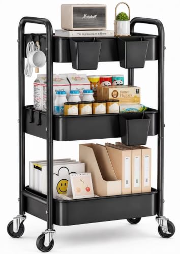3 Tier Black Heavy Duty Rolling Cart on Wheels, Metal Utility Storage Shelves with Hanging Cup, Three Tiered Craft Carts Organizer, Shelf Cart for Bedside, Kitchen, Art, Snack, Pantry, Laundry Supply - color: Black, size: 3 Tier
