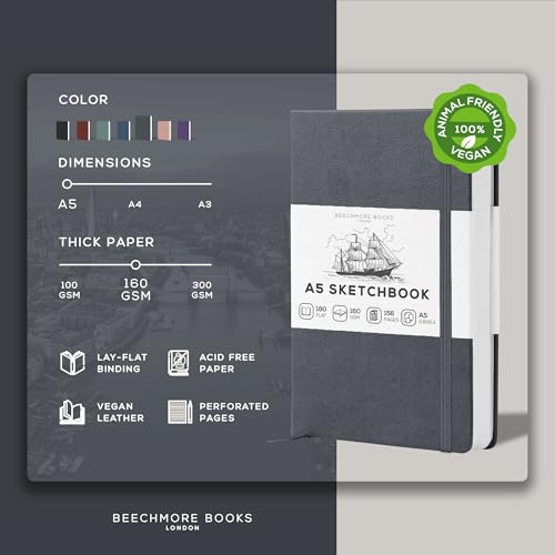 Beechmore Books A5 5.8x8.3 Mixed Media Sketchbook 160 GSM/98LB, Gift Box | Hardcover Art Journal with Lay-Flat Binding, 156 Perforated Ivory Pages, Portable Size for Drawing, Ink & Light Watercolor - color: Graphite Grey, size: A5 - 5.8" x 8.3" Medium