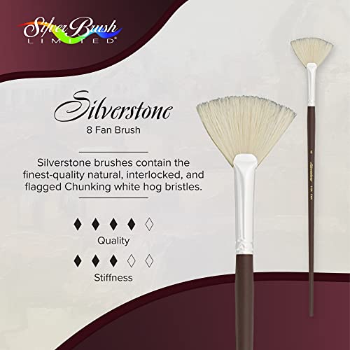 Silver Brush Limited Silverstone Fan Oil Paintbrush, Size 8, Long Handle | Stiff Flagged Hog Bristle, Superb Paint Absorbency, Lightly Textured Strokes, Smoothing, Blending, Lifting, Softening Colors - size: Size 8