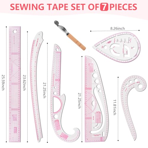 KISEER 7 Pcs Clear Metric Sewing Ruler Set French Curve Pattern Making Ruler Kit for Knitting Tailors Crafting Dress Designers Sewing Beginner Supplies - size: 7 Pcs - Standard