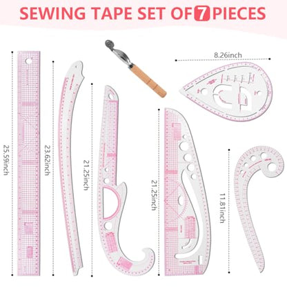 KISEER 7 Pcs Clear Metric Sewing Ruler Set French Curve Pattern Making Ruler Kit for Knitting Tailors Crafting Dress Designers Sewing Beginner Supplies - size: 7 Pcs - Standard