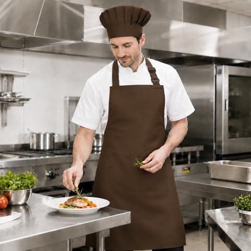 Tosewever Chef Apron Hat Set for Women and Men, Adjustable Bib Apron with 2 Pockets Costume Apron for Father Kitchen Cooking - color: Brown