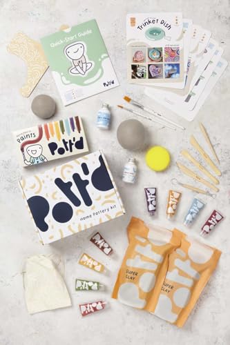 Pott'd Pottery Kit, Air Dry Clay Kit for Adults & Beginners | At Home Pottery Making Kit with Air Dry Clay, Tools, Paints, Brushes, Sealant and Step-by-Step Guide - style: Retro Paints
