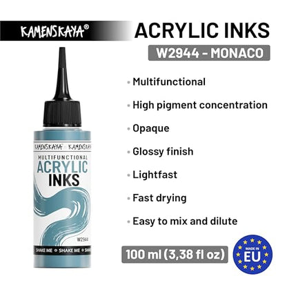 Kamenskaya Acrylic Inks for Artists - 'Monaco' Acrylic Ink, 3.38 Fl Oz (100 ml) | Highly Concentrated, Multifunctional Liquid Acrylic Paint - color: Monaco