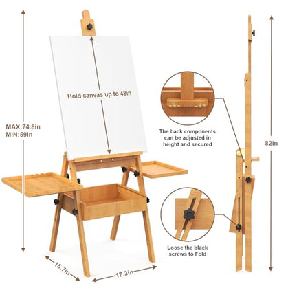 Large Beech Wood H-Frame Easel, Professional Painting Easel with 2 Palette - color: Natural