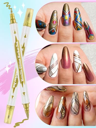 10 Color Metal Giltter 3D Nail Art Pens Set Kalolary Double-ended | Nail Point Dotting Pen Drawing Painting Liner Brush for DIY Nail Art Beauty Adorn Manicure Tools(G) - color: G