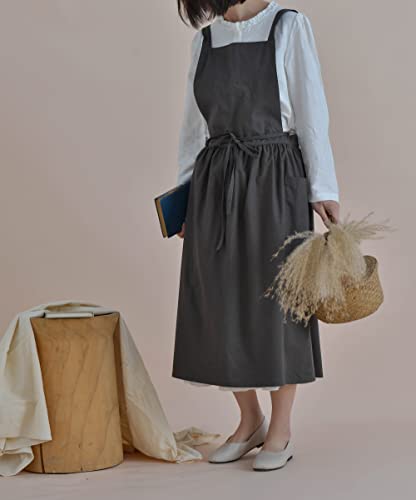 Cotton Pleated Apron Retro Waterdrop Proof Garden Cleaning Pinafore Dress - color: Darkgrey