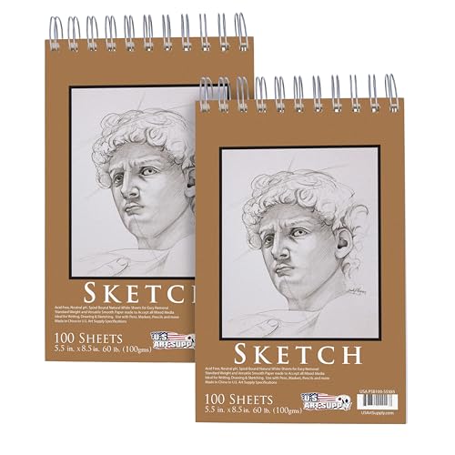 U.S. Art Supply 5.5"x8.5" Top Spiral Bound Sketch Book,100 Sheets 2-Pack - size: 5.5-x-8.5-inch