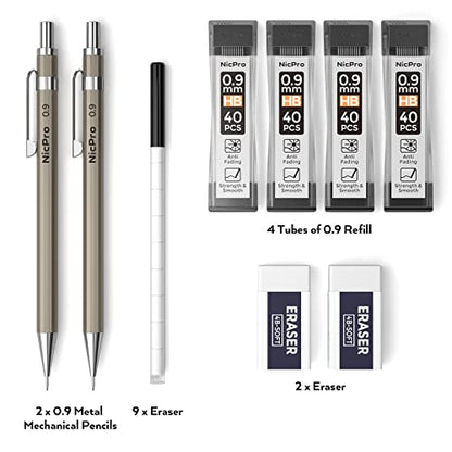 Nicpro 2 PCS 0.9 mm Metal Mechanical Pencils Set, Drafting Pencil for Artist Writing, Sketching, Drawing, with 4 Tubes HB Lead Refill & Erasers, Erasers Refills & Storage Case