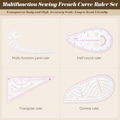 CINDALOG Clear Metric Sewing Ruler Set French Curve Pattern Ruler Kit for Beginners Tailors Designers Dress Makers Ruler Precision Quilting and DIY Supplies Perfect for Drawing, Craft, Sewing (4)