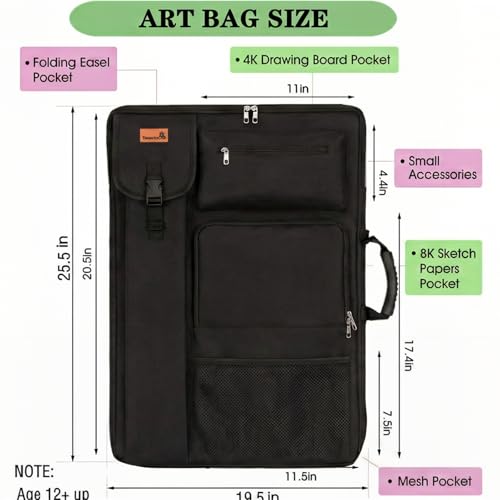 TreochtFUN Art Portfolio Case 24" x 18" - Medium Artist Backpack | Drawing Bag for Canvas Board, Artwork Storage & Painting Supplies Organizer for Art Studio & Professionals - color: black