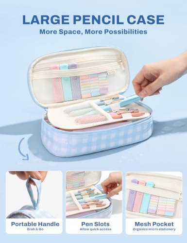 SUNEE Pencil Case with Supplies, 35PCS Aesthetic Stationery Set with Pastel Highlighters, Black Gel Pens, Mechanical Pencils & Refills, College School Supplies for Students Girls Blue Checkered - color: Blue Checkered, style: 35 Pack