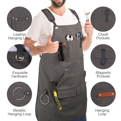 Men's Canvas Tool Apron, Heavy Duty Multi-Pocket Work Apron for Woodworking Gardening Bartender Adjustable Straps - color: Grey