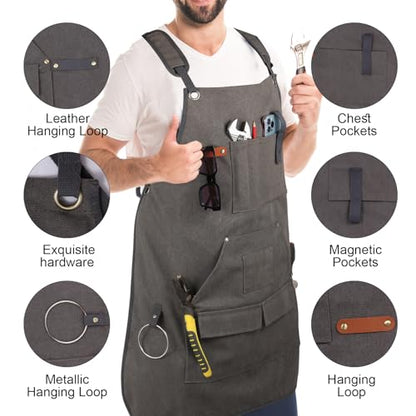 Men's Canvas Tool Apron, Heavy Duty Multi-Pocket Work Apron for Woodworking Gardening Bartender Adjustable Straps - color: Grey