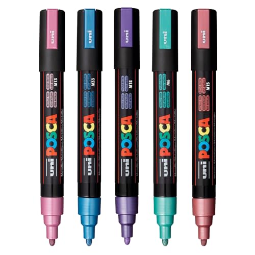 posca Paint Art Markers, Set of 5 5M Medium Markers with Reversible Tips, Metallic Collection