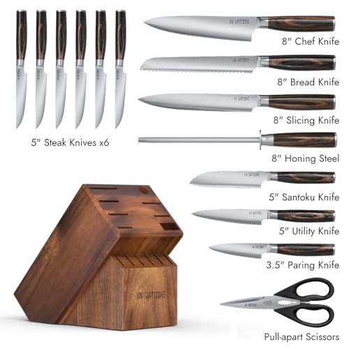 Yatoshi 15 Piece Knife Block Set - Pro Kitchen Knife Set Ultra Sharp High Carbon Stainless Steel with Ergonomic Handle, New - color: Acacia, size: 15-Piece