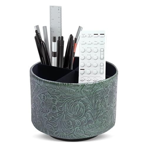 Round Leather Art Supply Organizer,Remote Control Holder,360 Degree Spinning,Multi-Functional Pencil Holder,4 Compartments Desktop Stationary Organizer(1-Carved Metal Green1) - color: 1-Carved Metal Green1