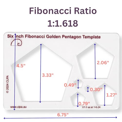 Fibonacci 6" Pentagon Drawing Template, Golden Ratio Stencil - style: 6" Penagon