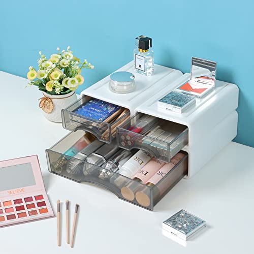 White Desktop Drawer Organizer Unit for Office Paper and Supplies | White, 1 Large & 2 Small Drawers for Stationery Paper Clip Binder Pencil, Stackable Multi Storage Drawers, Tabletop Craft Box - color: 3 Mixed Drawers, White