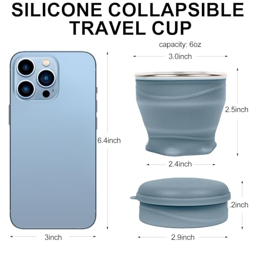 Collapsible Cup with Lid - 6oz Mini Silicone Folding Travel Cup with Steel Rim - BPA Free Small Portable Pocket Cup for Camping, Hiking, Kids, Mouthwash & Pills (Haze Blue) - color: Haze Blue