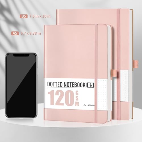 AHGXG Dotted Journal - Dot Grid Notebook Journal, 120 GSM Thick Acid-Free Paper, Large B5 Dotted Notebook 96 Pages, Leather Softcover, Inner Pocket, Journal Stencil, 7.6'' X 10'', Rose Gold - color: Rose Gold, style: B5-Dotted-120G