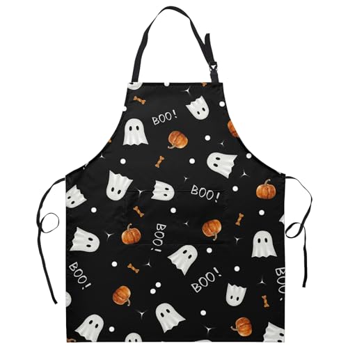 Halloween Kitchen Apron with Pockets Orange Pumpkin Cute White Ghost Chef Aprons Spooky Boo Holiday Waterproof Adjustable Aprons for Women Men Cooking - color: Ghost Pumpkin