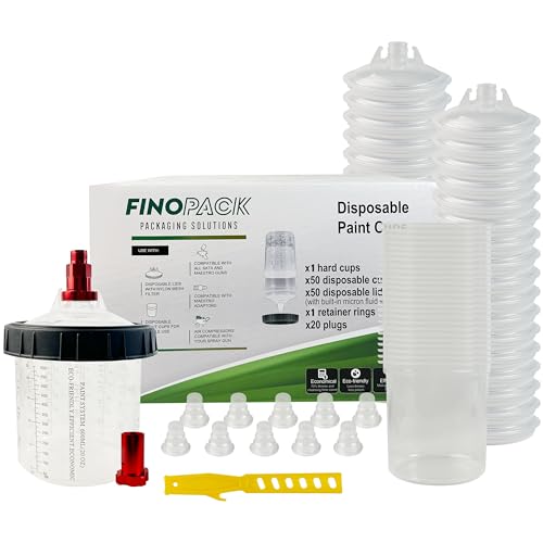 ENDOZER Disposable Paint Cup 50 Pack 20 Ounce(600ML) Mixing Cups for Automotive Spray Gun with 50 Liners and Lids System, 1 Hard Cup with Retainer Ring, 20 Plugs, 2 Adapters for Paint Gun - color: Dis-600ml-50pcs