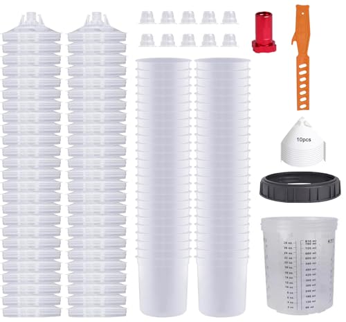 Disposable Paint Sprayer Gun Cup 27 Ounce(800ML) Kit with 50 Cups and Lids System, 1 Hard Cup with Retainer Ring, 10 Plugs and 1 Paint Stirrer for Automotive Commercial Coatings - size: 27 Ounce Kit-50PCS