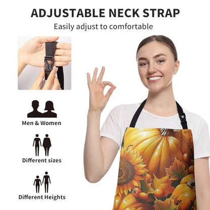 Fall Watercolor Pumpkins Aprons with Pockets Autumn Orange Sunflower Flowers Apron with Adjustable Neck Thanksgiving Day Harvest Farmhouse Chef Cooking Apron for Women Men Dinner Baking BBQ - color: Fall Pumpkin-b