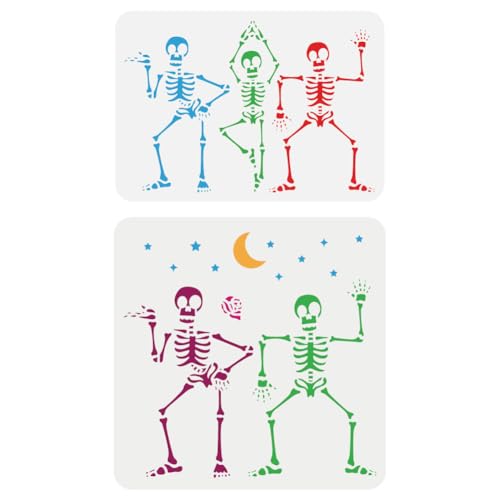 FINGERINSPIRE 2pcs Dancing Skeleton Skull Stencil 2 Size Reusable Skeleton Dancer Pattern Drawing Template Skull with Star Moon Decoration Stencil for Painting on Wood Wall Fabric Paper Furniture - color: Dancing Skeleton Skull