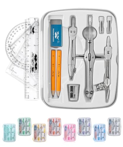 Mr. Pen- Geometry Set, 13 pcs, 3 Metal Compasses, Protractor, 6" Ruler | 45° & 30°/60° Set Squares, Pencils, Lead Refills, Sharpener & Eraser for Math, Drafting & Classroom Use | 45° & 30°/60° Set Squares, Pencils, Lead Refills, Sharpener & Eraser for Mat