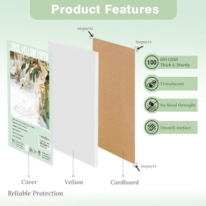 JAGERGREEN 50 Sheets 8.5x11 Inches Vellum Paper 100GSM | Thick Translucent Printable Vellum Sheets for Invitations, Tracing, Sketching & DIY Crafts - size: 50 PCS