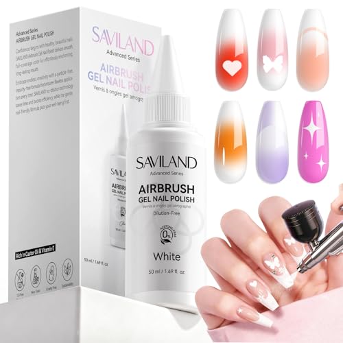 SAVILAND Airbrush Gel Nail Polish: 50 ml Dilution-Free White Gel Nail Polish Non-Acetone Airbrush Paint for Nails with Fine Mist for Gradient Ombre Blush French Nails Art Paint Salon - color: White Pro