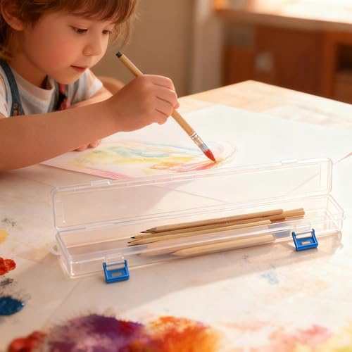 4 Pcs Transparent Long Pencil Box, Plastic Art Brush Storage Container, Clear Organizer Case for Watercolor, Gouache, Oil Painting Supplies, Drawing Tools