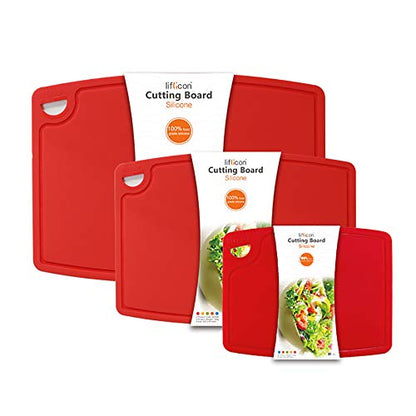 Liflicon Silicone Thick Cutting Boards Mats Set of 3pcs Foldable & Flexible Design Juice Grooves Easy Grip Handle Dishwasher Safe for Kitchen,BPA free Silicone Cutting Boards/Mats-Red - color: Red, size: 9.1"L x 7.1"W, 12.6"L x 9.1"W & 14.6"L x 10.4"W