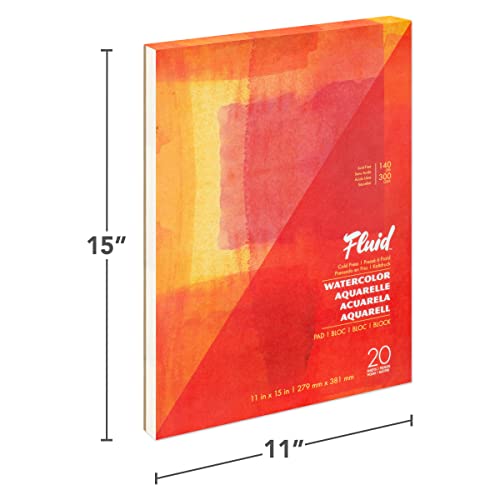 Fluid Watercolor Paper Fold Over Pad, 11 x 15 inches, 20 White Sheets 140 lb (300 GSM) Cold Press for Artist Painting and Wet Media - size: 11x15 Inches