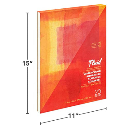Fluid Watercolor Paper Fold Over Pad, 11 x 15 inches, 20 White Sheets 140 lb (300 GSM) Cold Press for Artist Painting and Wet Media - size: 11x15 Inches