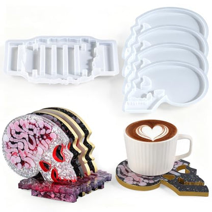 LET'S RESIN 4 Pcs Skull Coaster Resin Molds, Coaster Silicone Molds with Holder, Halloween Coaster Molds for Epoxy Resin, Skull Coasters Decoration for Festival, Ideal Gifts for Crafter and Artist